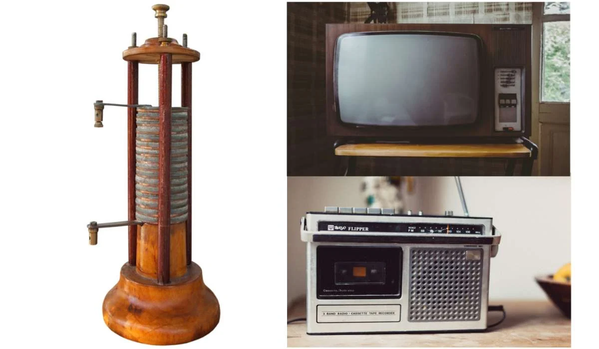 Televisore, radio, pila di Volta