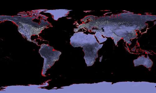 surriscaldamento globale: in rosso sono evidenziate le aree costali che, secondo recenti stime, verrebbero sommerse dall'incremento del livello del mare pari a 6-9 metri in più rispetto all'attuale. Sono gli effetti di un pianeta febbricitante
