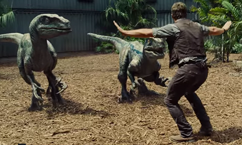 Incontro tra Chris Pratt e i dinosauri velociraptors in una delle scene di Jurassic World.