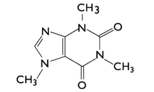 È rappresentata qui la molecola della caffeina, dove si possono vedere tutti gli atomi che la compongono.