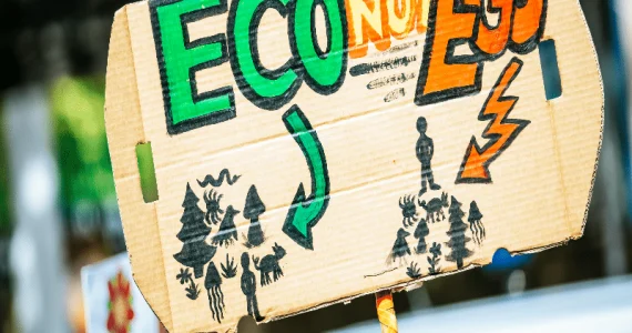 L'immagine rappresenta un cartello, portato durante una manifestazione, che sprona a scegliere la consapevolezza ecologica e non a seguire il nostro ego che conduce a consumare le risorse ambientali. Questa è una preoccupazione fondata alla base dell'ecoansia.